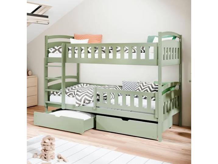 Kids Collective Hochbett Etagenbett 90x200 cm Olivgrün mit zwei Schubladen, Lattenrost, Rausfallschutz, umbaubar in zwei Einzelbetten, aus Vollholz massiv, Funktionsbett