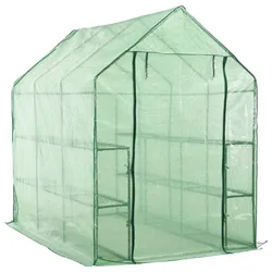 Helloshop26 - ebenerdiges Gewächshauszelt/Überdachung für Pflanzen Blumen und Gemüse mit 12 Stahlregalen 143 x 214 x 196 cm grün 02_0044655