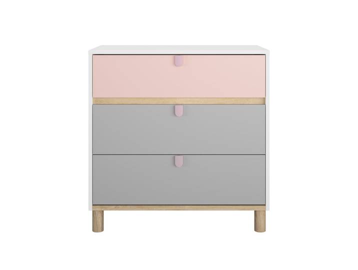 Commode 3 tiroirs blanc finition mate avec poignées rose