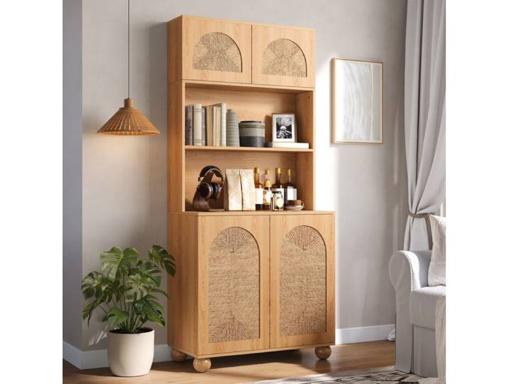 Modenuit Buffet haut 80x40x180 cm naturel 4 portes rangement et présentoir ouvert