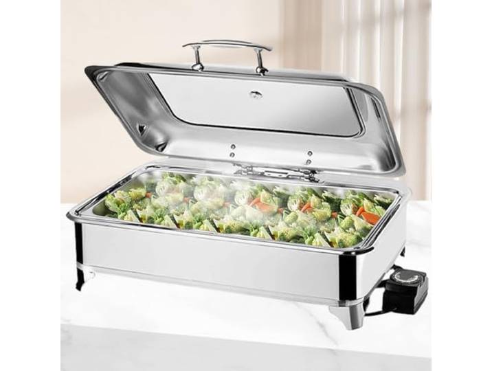BOVDC Elektrische Chafing Dish Glasdeckel, 9L Edelstahl(A,Full Pan) Speisewärmer Buffetwärmer Einstellbare Temperatur, Warmhaltebehälter Essen Elektrisch mit Soft-Close-Glasdeckel
