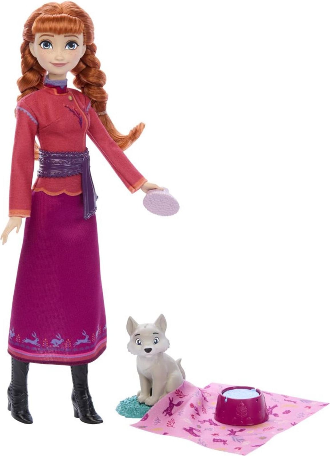 Mattel Disney Frozen Anna modepop en wolfskind-figuur met 4 accessoires