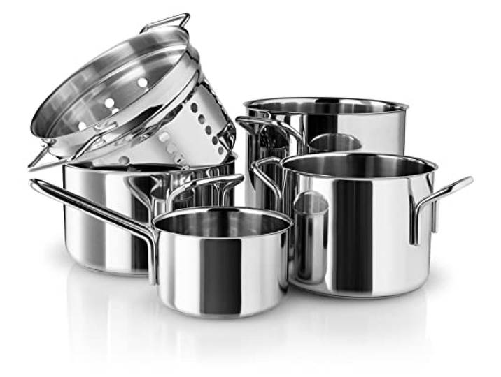 Eva Trio Stainless Steel Topfset 5 St. 1,1 l 2,2 l 3,6 l 4,8 l & Pasta-Einsatz Komplettes Set aus Töpfen mit dazugehörigem Pasta-Einsatz
