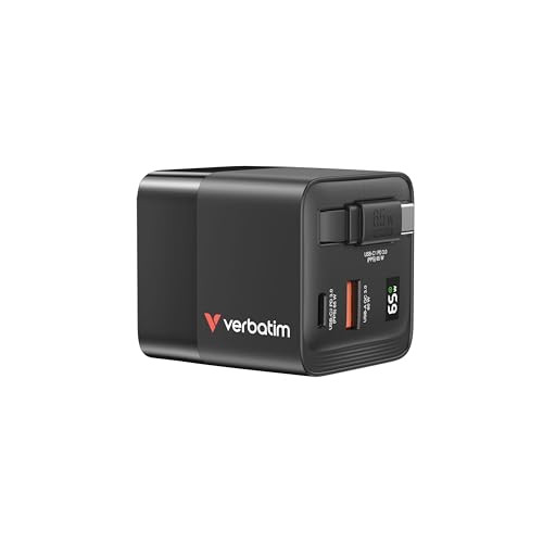 Verbatim GaN Charger 65W met 2 poorten en uittrekbare USB-C kabel, universele reisadapter voor EU, UK en VS