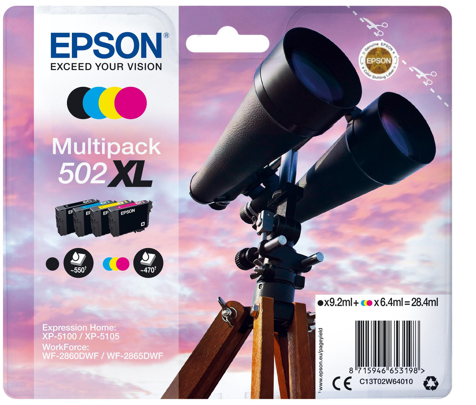 Epson Multipack 502 XL Inktcartridges - Zwart, Cyaan, Geel, Magenta - C13T02W64020