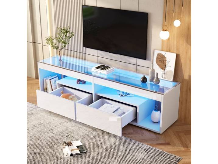 Meuble TV avec éclairage LED - Blanc brillant - Pour TV de 70  - Support TV avec 2 tiroirs - Plateau en verre - Meuble TV pour salon