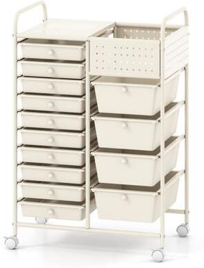 Costway 14-Drawer Rolling Storage Cart with Metal Tabletop and Pegboard-White