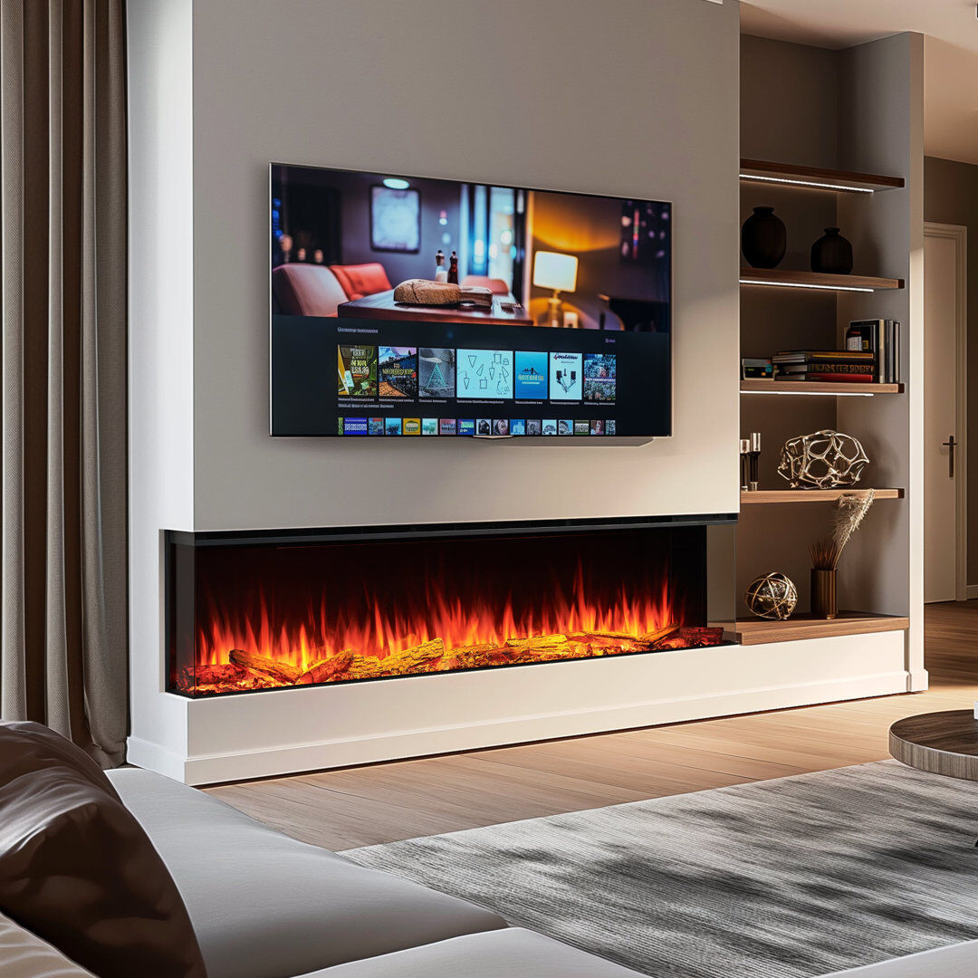 FLAMME Knighton Platinum Smart Inset Media Wall Electric Fireplace 1-2-3 sided View Compatible with Alexa Deep Fuel Bed Perfect for Media Wall Powder Coated Steel 49.5 cm H x 180 cm W x 26 cm D