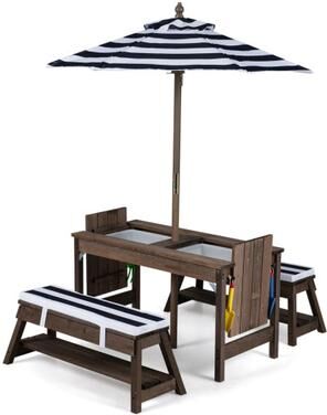 Costway Outdoor Kids Wooden Picnic Table and Benches Set with Umbrella-Blue