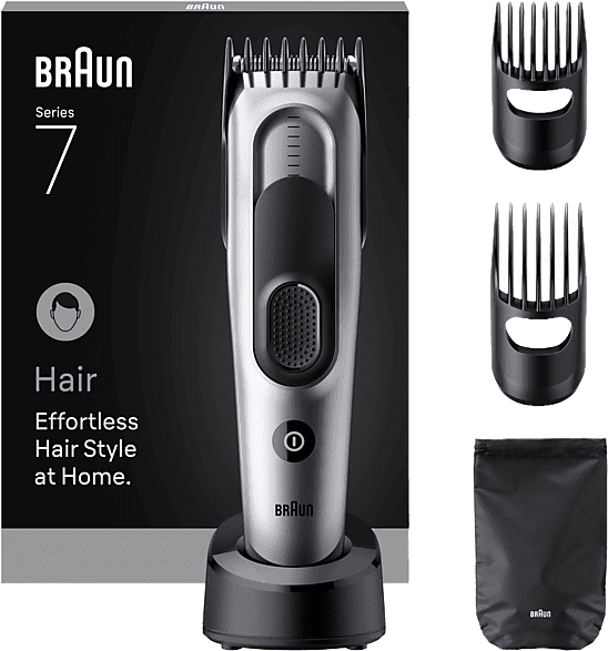 Cortapelos - Braun Series 7 HC7590, Memoria SafetyLock, 17 ajustes de longitud, 2 peines, Base carga, 50 min autonomía , Gris