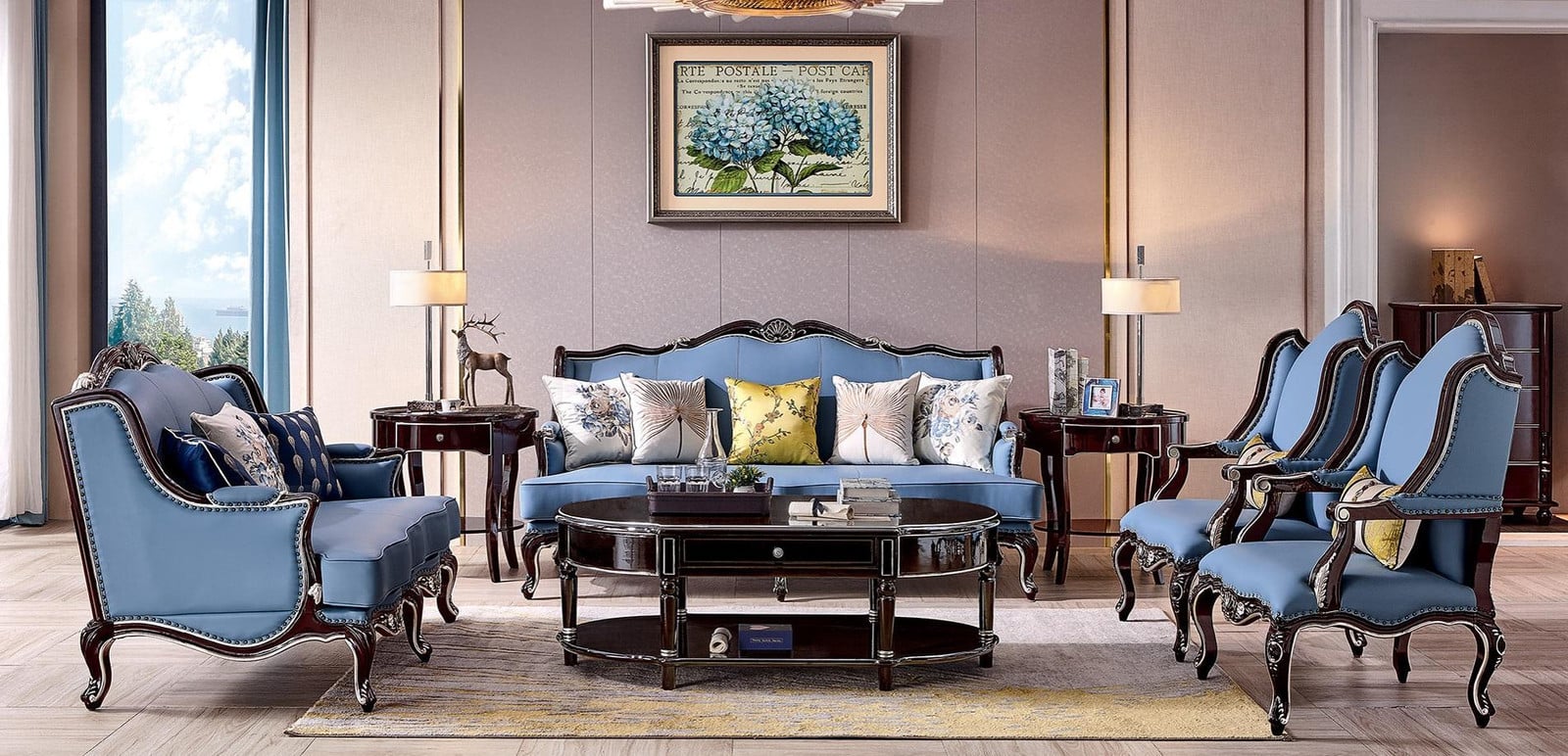 Luxus Klassische Chesterfield Gestoffeerde Zithoekset 3+2+1+1 Blau Zwart