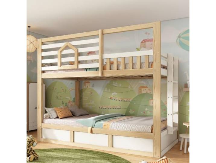 BXEYXE Kinder Etagenbett 90x200 cm (2 Liegeflächen), Hüttenstil Weiß/Naturholz mit Fenster Sicherheitsgeländer, Gerade Leiter, Hydraulik Stauraum für 2 Kinder, EN747(ohne Matratze)