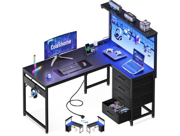 Bureau Gaming en L avec LED et Ports USB 110 cm Noir Carbone Angle Éclairage LED Intégré Setup Gamer