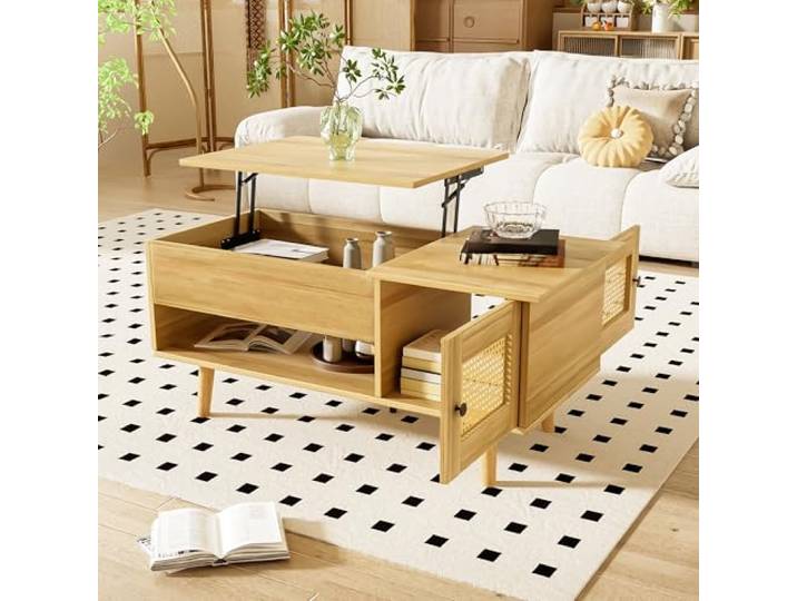 Merax Couchtisch, anhebbar mit Stauraum,Wohnzimmertisch, Sofatisch, vielseitig, kompakt und funktional, Holz + Rattan