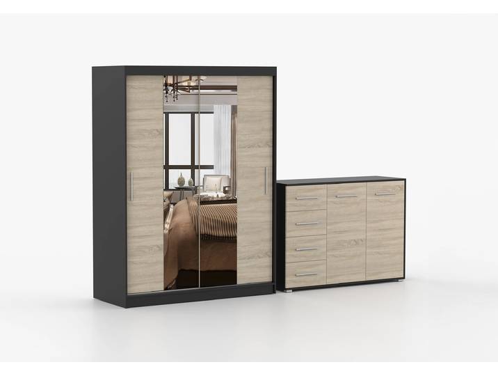 Schwebetürenschrank und Kommode 2-er Set VISTA 01/FRIDA 01 Schwarz Sonoma Eiche + Spiegel