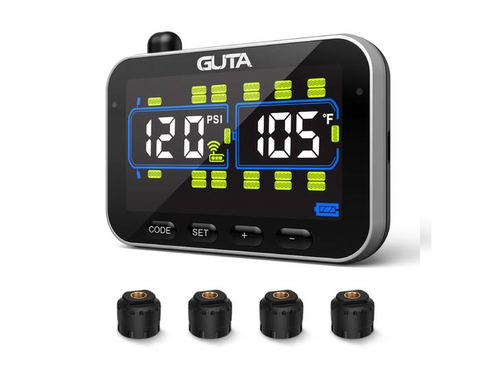 GUTA Système de surveillance de la pression des pneus pour camping-cars/remorques avec 4 capteurs, surveillance en temps réel de 0 à 188 PSI, 6 alarmes, écran couleur LCD, communication longue distance, prend en charge jusqu'à 24 pneus, GT20C+4GS02
