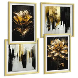 BILDER SET 4er Set - 50x50 cm & 40x60 cm Goldrahmen - Stilvolle moderne Blumen