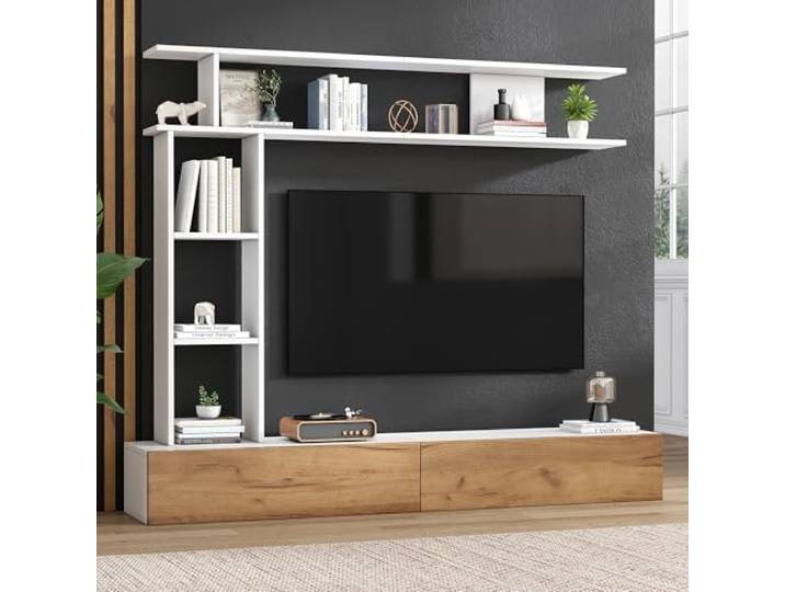 Merax TV Wohnwand-Set, Wohnzimmer Möbel Set mit TV Lowboard & Wandregal, TV-Schrank Hängend oder Stehend, Wohnzimmermöbel Komplett, Elegante Schrankwand, Mediawand, TV bis 80-Zoll, Weiß & Holzfarbe