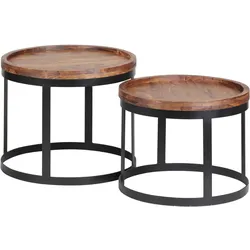BEISTELLTISCH 2er Set Massivholz Metallgestell Rund Natur INDI, Braun 53x53x45 cm