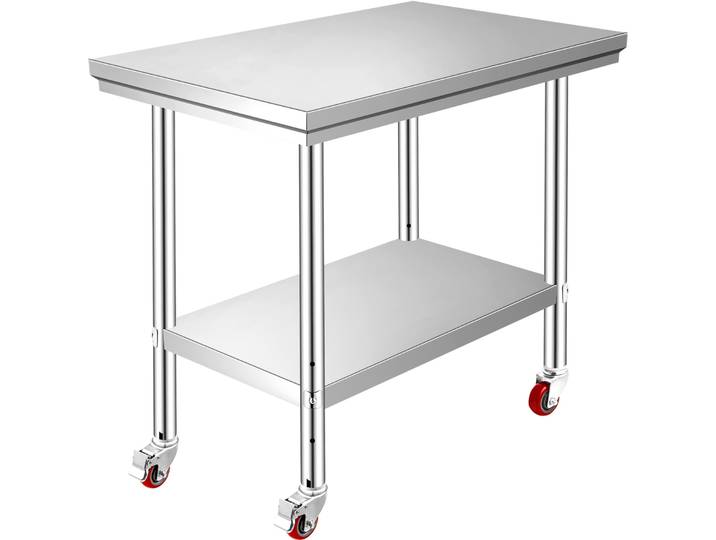 SucceBuy Table de travail de cuisine en acier inoxydable avec étagères, banc de travail commercial avec roulettes pour le stockage à domicile et dans les restaurants