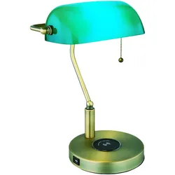 Schreibtischleuchte Bankerlampe Tischlampe altmessing Glas grün, kabelloses Laden USB Anschluss, Zugschalter, Fernbedienung, 1x RGB LED 4,8W 470Lm, LxH 26,5x36 cm