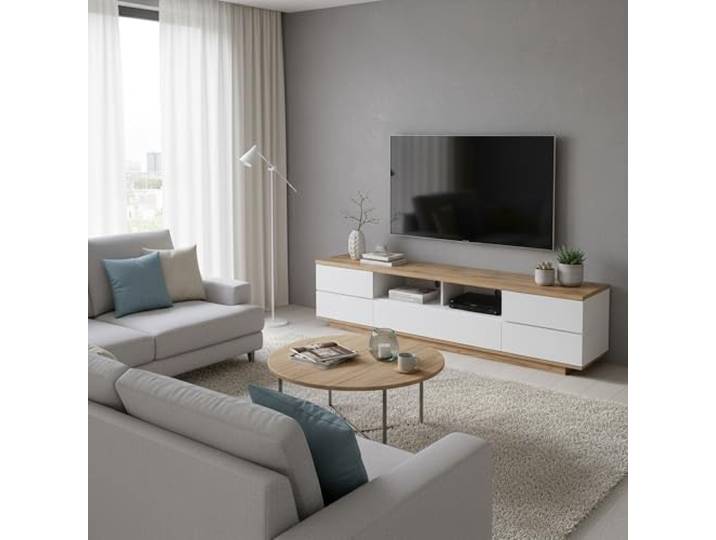 FurnitureR Farbblock-TV-Lowboard mit 5 Türen & offenen Fächern, modernes MDF-Design in Weiß & Holzoptik für Wohnzimmer & Medienbereich