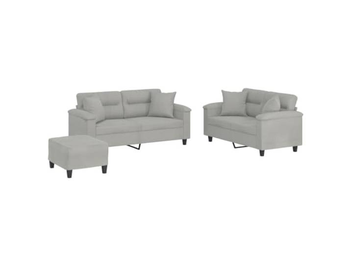 Coespram 3-tlg. Sofagarnitur mit 2 Sofas und Fußhocker Hellgrau Stilvolle Polstergruppe für das Wohnzimmer mit 4 bequemen Dekokissen und vielseitig einsetzbarem Polsterhocker zum Relaxen.