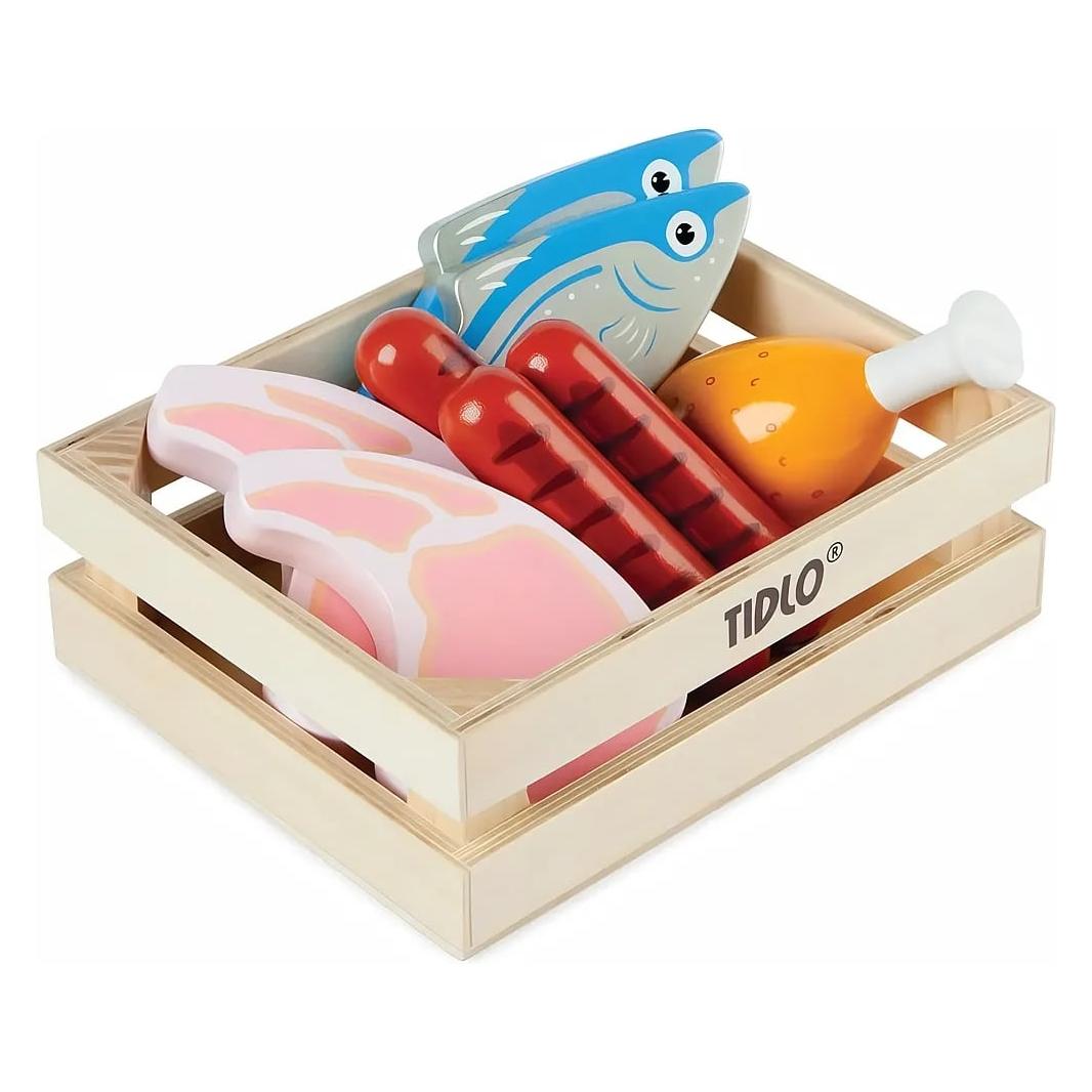 Bigjigs Tidlo Holzspielfutter Fleisch und Fisch in Box, 8 Stück. (T0104)