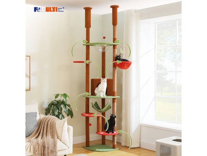 Arbre à chats haut à plusieurs niveaux pour chats d'intérieur, tour du sol au plafond avec griffoirs, hamac confortable pour condo, griffoire pour chat, accessoires pour chat
