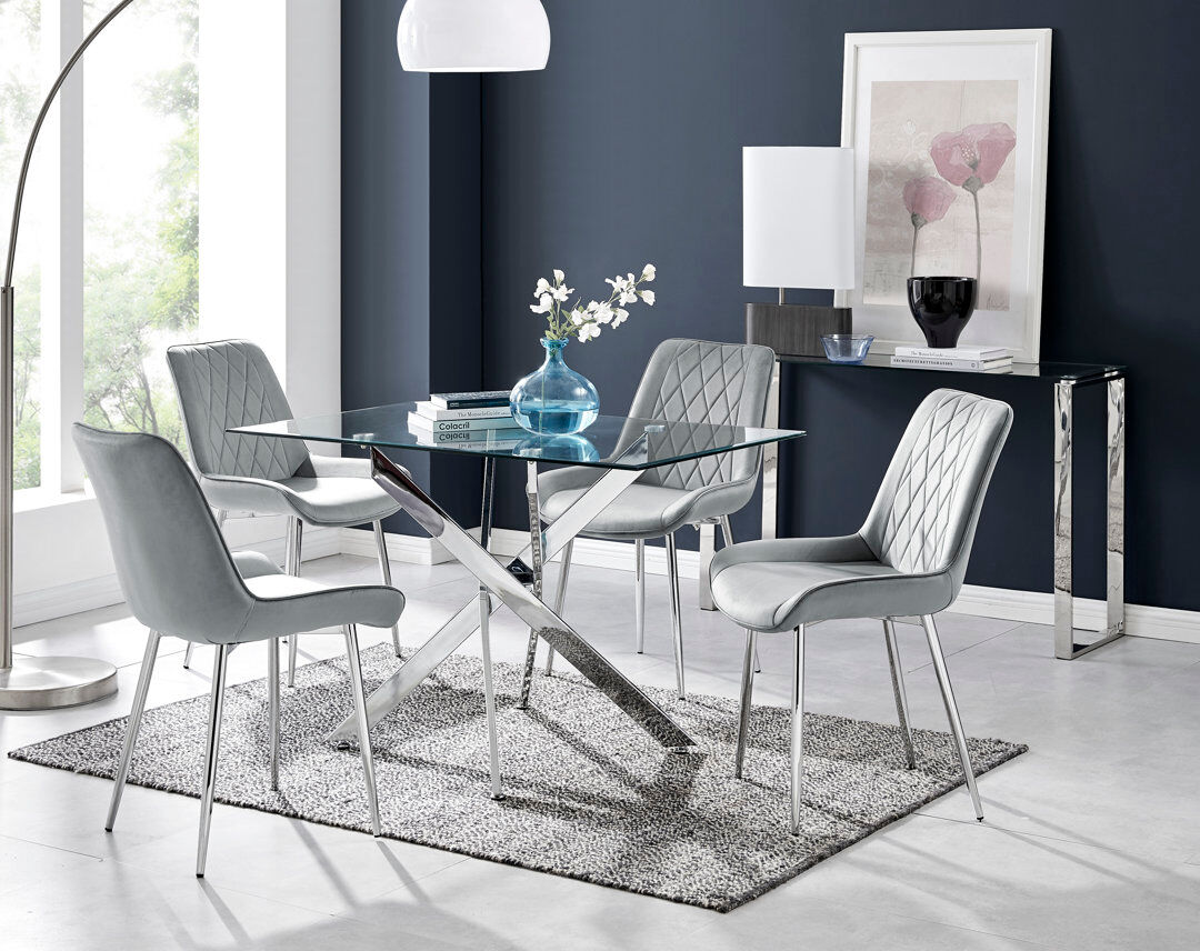 Canora Grey Lenworth Glass Rectangular Dining Table Set with 4 Luxury Velvet Chairs Grey/Silver/Silver 4