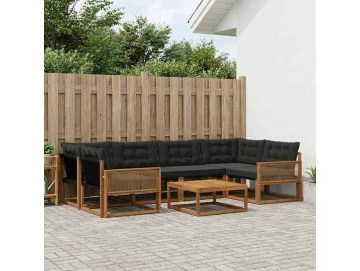 HFMDRMU 7-teiliges modulares Sofa aus massivem Akazienholz mit schwarzem Gestell, wetterfeste Gartenmöbel-Set für Terrasse und Garten, pflegeleichtes Outdoor-Sofagarnitur mit Kissen