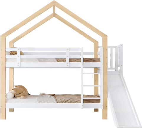 Etagenbett 90x200cm Mit Rutsche Dreistufige Winkelaufstiegsleiter Ohne Matratze Hausbett Mit Absturzsicherung Kinderbett Massivholz Weiss Natur