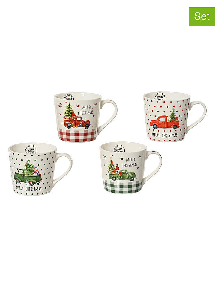 Kaeming 4er-Set: Tassen in Creme/ Rot/ Grün - (H)8,8 x Ø 9,8 cm - onesize