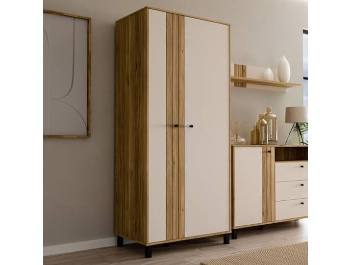 Forte KILLARNEY Kleiderschrank 88, Schrank im Scandi-Stil mit 2Drehtüren, Einlegeböden und Lamellen-Detail, Kaschmir/Beige, Mauvella Eiche/Sand Dekor, 88,1 cm breit, 195,8 cm hoch, 52,7 cm tief