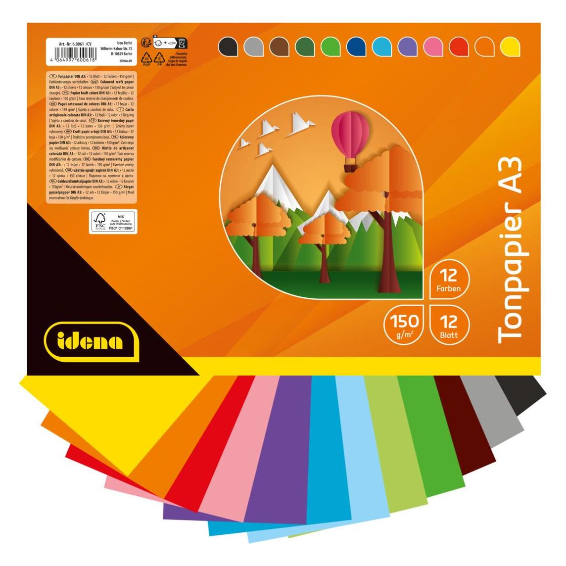Idena Tonpapier 150g/m² 12 Farben DIN A3 (150 g/m², 1x) (49230867)