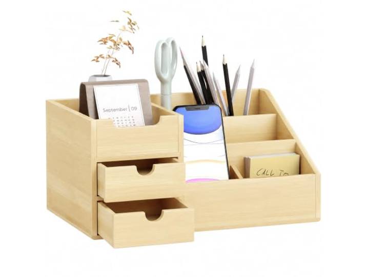 HOMCOM Schreibtischorganizer Mit Schublade Natur 33 x 20,5 x 15,5 cm Aus Bambus, Aufbewahrungsbox, Stiftebox, Büro Box Organisation, Stiftehalter für Schreibtisch, Büro