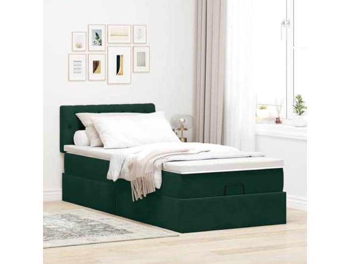 KTHLBRH Bett Pouf Samt Dunkelgrün 100 x 200 cm Hydraulischer Aufzug, Stauraum, Taschenfederkernmatratze, Kopfteil im Lieferumfang enthalten