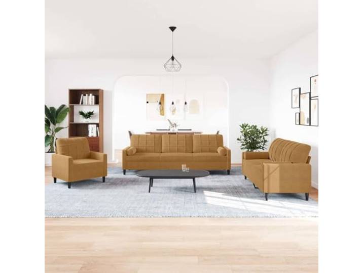 pokgdf 3-TLG Sofagarnitur Samt Braun mit Nackenrollen Metallgestell, Dick gepolstert, Modernes Design, Bequeme Sitzflaechen