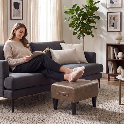 "Adeco Ottoman Foot Stool, 15.5"" Wide Upholstered Footrest with Handle for Living Room Bedroom"