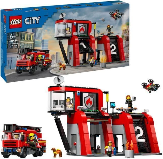 LEGO City Brandweerkazerne en brandweerwagen 60414 met hondfiguur en 5 minifiguren, 843 onderdelen