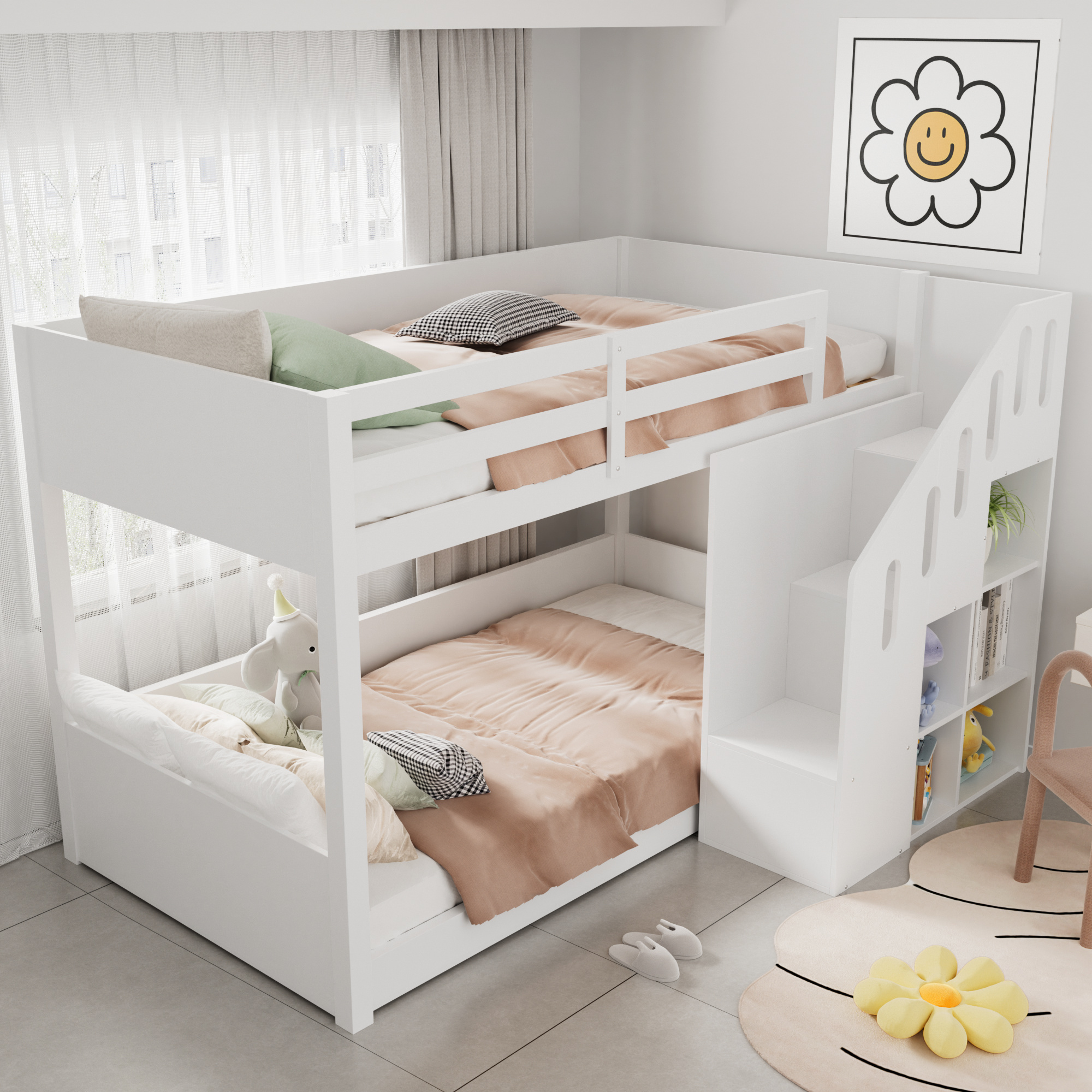 okwish Etagenbett 90x200cm mit Treppe und Schließfächern, Hochbett mit Rausfallschutz, Kinderbett Jugendbett mit Lattenrost, Massivholzbett Bettgestell, Weiß