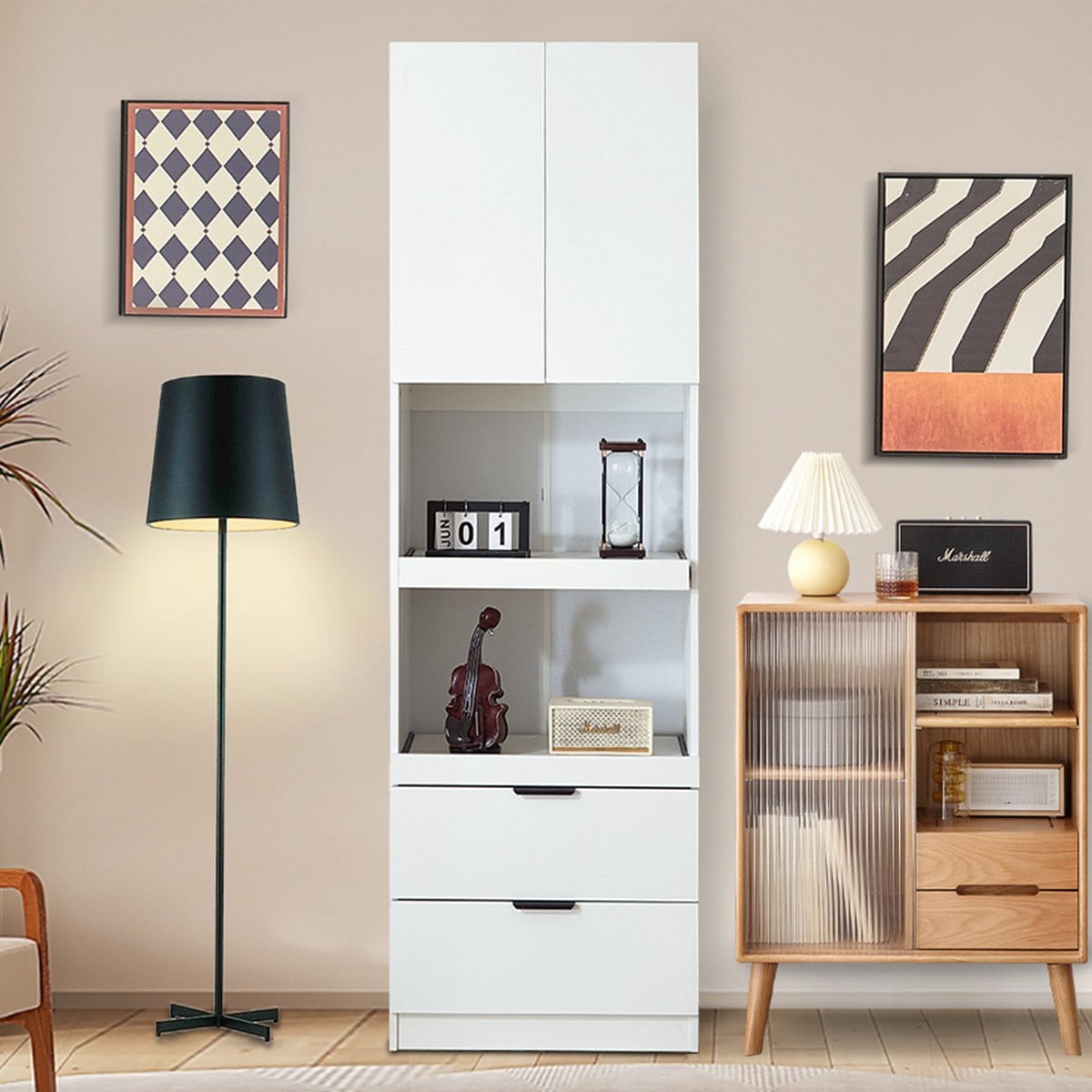 Clruro Hoge Voorraadkast met Laden en Magnetronplank - Wit - Hoogte: 200 cm