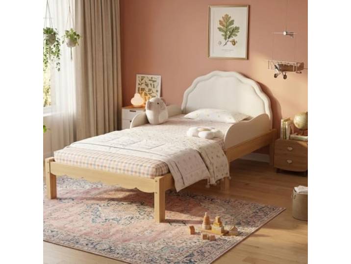 Merax Polsterbett 90x200 cm, Einzelbett mit PU-Kopfteil, seitlichen Schutzleisten, Holzrahmen und Lattenrost, Bettgestell ohne Matratze, Beige