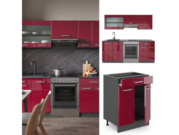 Cuisine R-Line 200cm PT Marbre Rouge brillant/Anthracite Vicco 42927