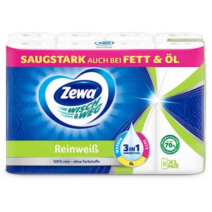 Zewa Küchenrolle Wisch&Weg, Reinweiß, ohne Farbstoffe, 2-lagig, 45 Blatt je Rolle, Zellstoff, saugstark & reißfest, 8 Rollen