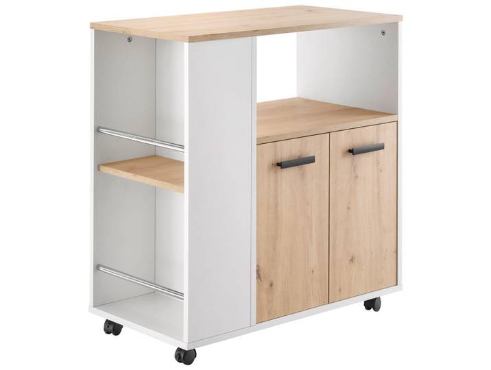 P & B Barwagen, Weiß, Eiche Artisan, rechteckig, 75x79.5x40 cm, kippsichere Aufbewahrung von Flaschen, Esszimmer, Barmöbel, Barwagen