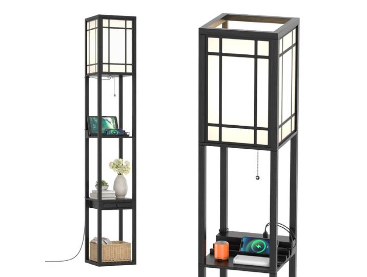 Staande Vloerlamp met Planken en Lade Moderne Staande Vloerlamp voor Woonkamer en Slaapkamer 26 x 26 x 160,5 cm Zwart