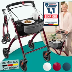 ELONEO Wohnungsrollator 54cm breit, faltbar und leicht, inkl. Tablett & Stoffkorb »Premium«, rot