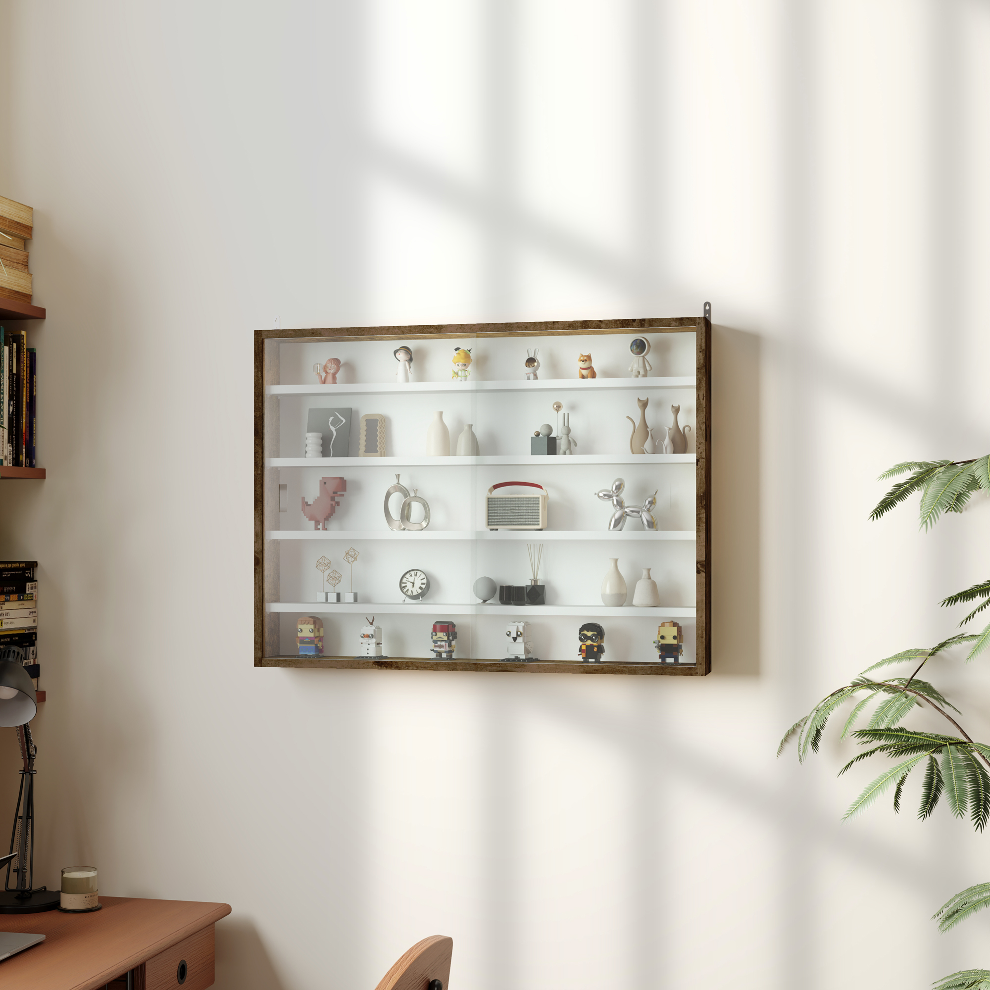 Homcom Bacheca Portaoggetti a 4 Ripiani Regolabili, Vetrina a Muro in Vetro e Legno, 80x9.5x60 cm, Marrone   Aosom Italy