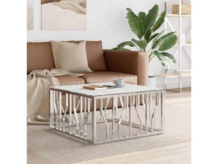 HEFZGDB Couchtisch Silbern 80x80x40 cm Edelstahl und Glas mit Marmor-Optik, Robuster Wohnzimmertisch mit Stabilem Gestell und Pflegeleichter Oberfläche